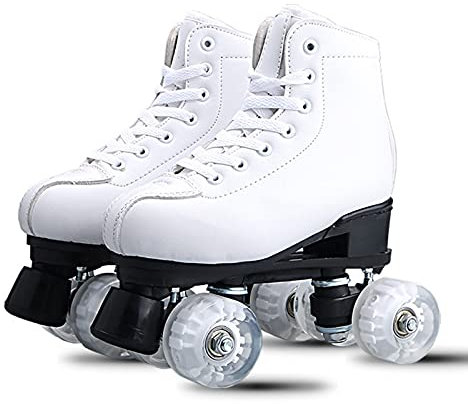 Patines Artísticos Blancos Unisex, Patines 4 Ruedas Cuádruples de Doble Hilera Patines de Ruedas de Cuero PU de Caña Alta para Niños Principiantes, Adultos, Hombres y Mujeres,EU37/ UK4