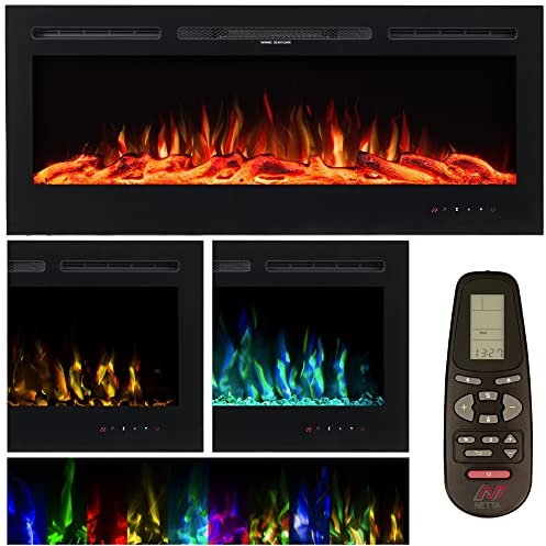 NETTA 50 Inch Electric Fireplace Inset Recessed, 128cm Wall Mountable Heater with Remote Control, 2 Heat Power Settings, Adjustable Temperature, Hourly and Weekly Timer