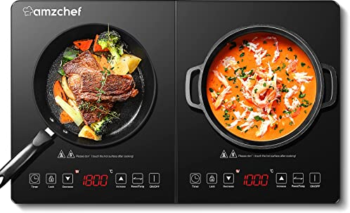 AMZCHEF Double Induction Hob, Induction Cooker with Portable Ultra-thin Body, Independent Control,10 Temperature, Multiple Power Levels, 2800W, 3-Hour Timer, Safety Lock