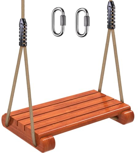 SELEWARE Wooden Swing Seat with Adjustable Rope | Heavy Duty Flat Tree Swing for Adults & Kids, Indoor/Outdoor Playground Swing Set (17.5 x 10.6 Inch)