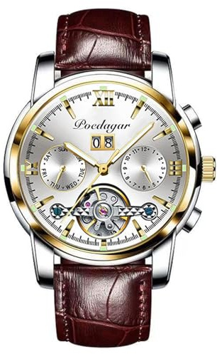 RORIOS Orologio Uomo Automatico Meccanico Orologio con Cinturino in Pelle Orologio Luminoso Pointer Impermeabile Tourbillon Orologio da Polso