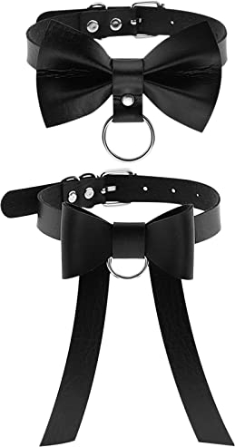 JewelryWe Schmuck 2pcs Punk Leder Halsband Damen Gothic Bogenknoten Choker Halskette Halsreif mit Ring Verstellbarer Choker Kragen Kette Lederband für Frau Mädchen Schwarz