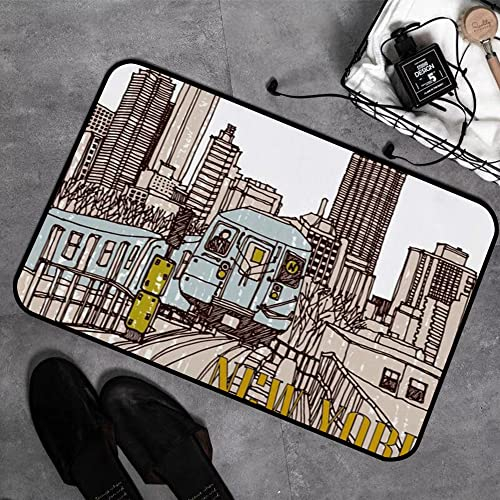Memory Foam Badezimmer- 40 x 60 cm,Szene Street Hand Drawn Speed White Train Ink Industrial Urban mit Engine Yellow Landmarks Design,,Badteppich Saugfähige Rutschfester Badvorleger Waschbar Badematte