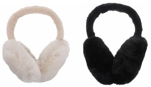 VALICLUD 2 Stück Winter Weihnachten Ohrenwärmer damen Plüsch Warme Ohrwärmer für mädchen mit fell（Schwarz und beige）