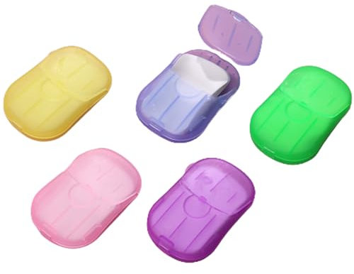 5 Boxes Portable Hand Soap Flakes Disposable Paper Soap Mini Scented Slice Sheets with Storage Box Paper Soap Sheets for Hand Washing Foaming Paper Soap Flakes for Travel Outdoor Hand Washing
