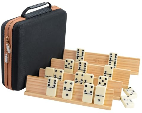 Dominos Set Adults with 4 Domino Racks Double Six Dominoes set in Portable Case Double 6 Domino's Game Set with 4 Wooden Domino Holders in EVA Hard Case Sturdy and easy to carry Ideal Gift Present