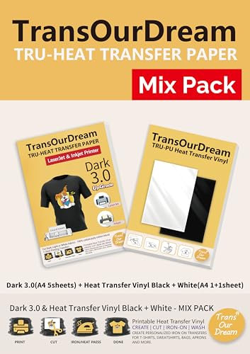 TransOurDream Tru-Tshirt Transfer Paper Inkjet & Laser Printer Dark 3.0 A4 5 Sheets and Black & White 2 Sheets A4 Heat Transfer Vinyl, Easy to Cut, Widely Applicable(5+2)