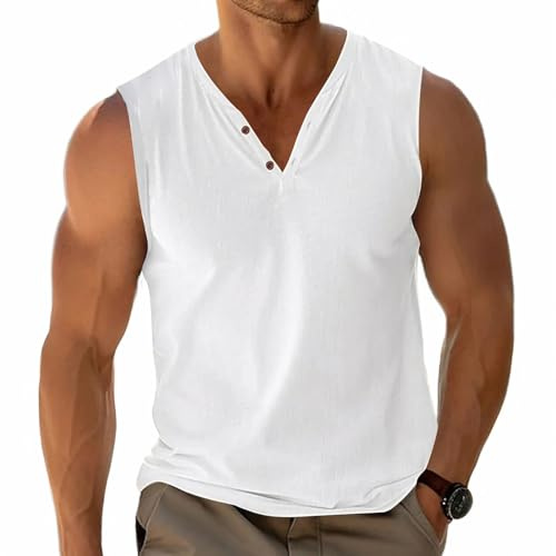 Hommes Débardeurs Basic Vestes sans Manches Tees Henley T-Shirt Coton Bouton Col en V Léger Souple Extensible Blanc XXXL