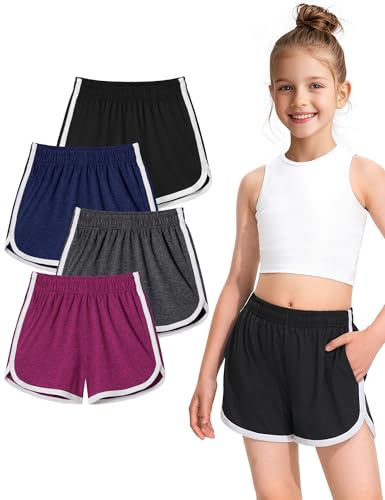 BOOPH 4 Packs Girls Shorts Quick Dry Kids Athletic Soccer Running Shorts with Pockets 13-14Y D-Gray Mauve Navy Black