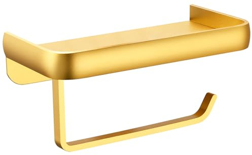 Portarrollos de Papel Higiénico Katezon con Soporte para Teléfono, Adhesivo o con Tornillos, Dispensador de Aluminio Multifuncional para Baño, Resistente a la Corrosión (Dorado)