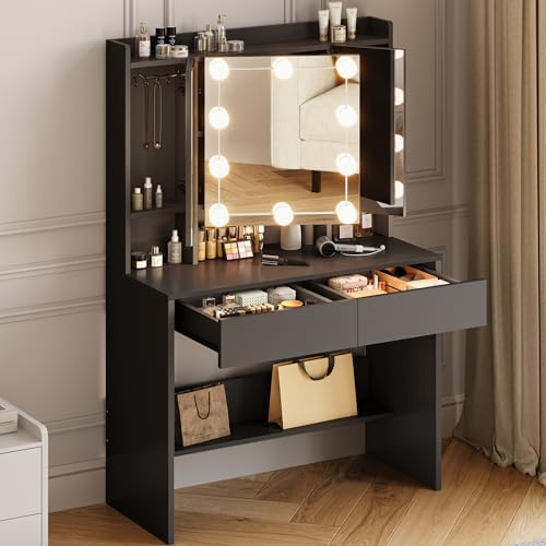 DWVO Dressing Table with LED Lights, 3 Light Colours Adjustable Brightness, Makeup Vanity Desk with Mirror and 2 Drawers, Bedroom Dressing Tables with Jewellery Storage and Open Shelves, 90×40cm