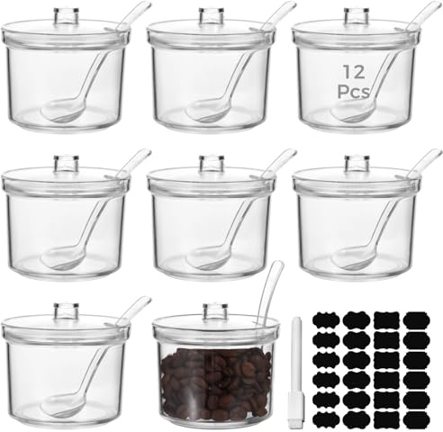 byepica 12-pack genomskinliga sockerburkar i akryl, 200 ml behållare med lock och skedar, 200 ml behållare med 24 etiketter och markör för te, kaffe och kryddor