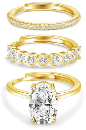 Geveay 3Pcs Gold Rings for Women Dainty Stackable 14K Gold Plated Cubic Zirconia Ring Trendy Adjustable Thumb Gold Rings Set for Anniversary Wedding Engagement