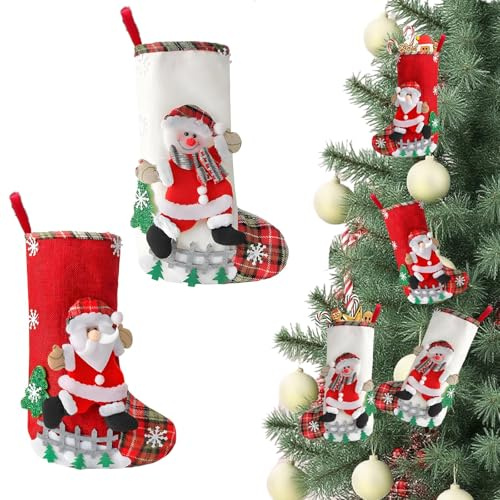 HSYTEK 2 Stück Weihnachtsstrumpf, 19X30 cm Weihnachtssocken, Nikolausstiefel zum Befüllen, Christmas Stocking mit Schneemann-Motiven, Nikolausstrumpf für Kamin, Weihnachtsbaum, Wand, Treppe (Rot)
