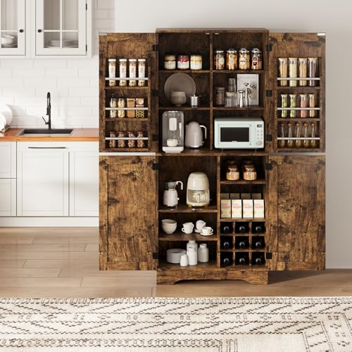smartue Kitchen Pantry Cabinet, 71” Tall Freestanding Wooden Storage Cupboard with Adjustable Shelves, Built-in Wine Storage Grid & 6 Door Shelves for Kitchen, Dining Room, Rustic Brown