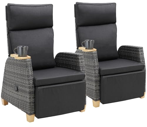 tectake® Lot de 2 Fauteuil Salon de Relaxation Chaise de Jardin avec Repose-Pieds, Dossier inclinable, en Aluminium INOX Résine tressée, Salon de Jardin Exterieur/Intérieur, avec Coussins