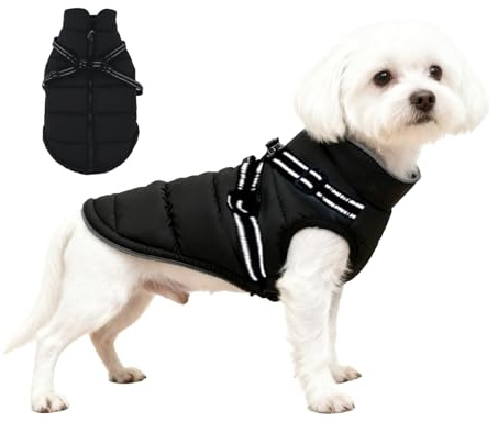 Manteau pour Chien Hiver Petite Taille, ZoneYan Imperméable Manteau Chien avec Harnais Réfléchissants et Réglable, Veste Chauds Chiens Vêtements, Gilet de Protection Contre pour Chiot (Noir, XS)