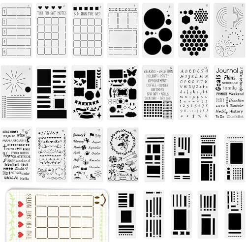 Lot de 27 pochoirs flexibles faits à la main, pochoirs de planification, pochoirs de peinture géométrique, réutilisables, superposition pour peinture, géométrie, lignes, lettres, motifs, amour et
