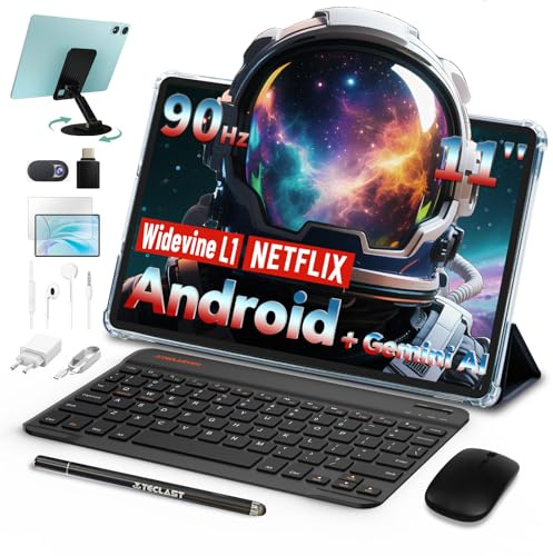 TECLAST P50CASE Tablet 11 Pulgadas Android 15, 90Hz Tablet, 10 Accesorios, Octa-Core,12GB RAM + 128GB ROM, Widevine L1, Gemini AI, 7000mAh, GPS, Tablet con Teclado, Lápiz, Funda y Auriculares