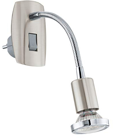 EGLO Steckdosenspot Mini, 1 flammige Steckerleuchte, Steckdosenlampe aus Stahl, Farbe: Nickel matt, chrom, Fassung: GU10, inkl. Schalter und Flexarm