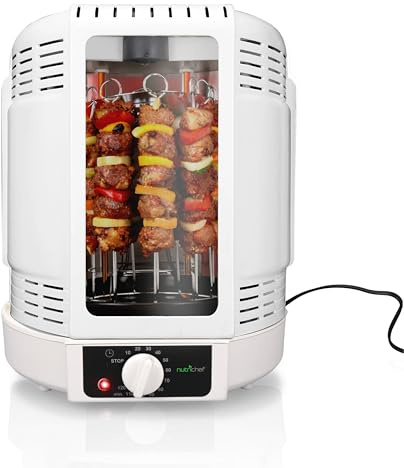 NutriChef Hähnchengrill mit Drehspieß – Weiß 700W Mini-Backofen Vertikal Elektrogrill Heißluft-Rotisserie für Hähnchen, Döner, Fleisch - Kompakt & Fettarm Inkl. Zubehör und Auffangschale