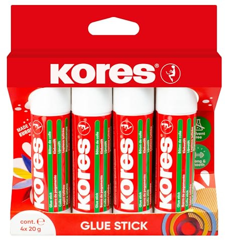 Kores - Glue Stick: Colla Stick a Forte Tenuta, Collante Sicura e non Tossico, Ideale per Fai-Da-Te, Rispettosa dell'Ambiente, Confezione da 4 x 20g
