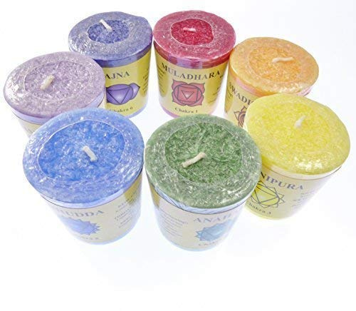 7 x Commerce équitable arc-en-ciel chakra bougies votives coffret cadeau parfumé huiles essentielles 16hr temps de brûlage par bougie