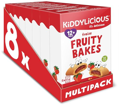 Kiddylicious Fruity Bakes Fraise | Dès 12 Mois | Fourrés à la Purée de Fruits | 8 Packs de 132g (6 Sachets de 22g) | 1.06 kg