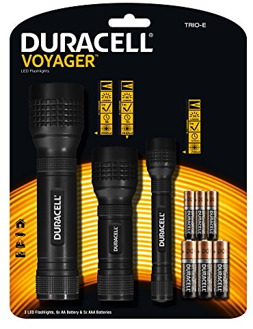 Duracell Taschenlampe, Voyager EASY Serie Taschenlampen, 20, 40 und 60 Lumen, LED-Lichter, schwarzes Kunststoff-Finish, Duracell Batterien enthalten (3 Stück) (TRIO-E)