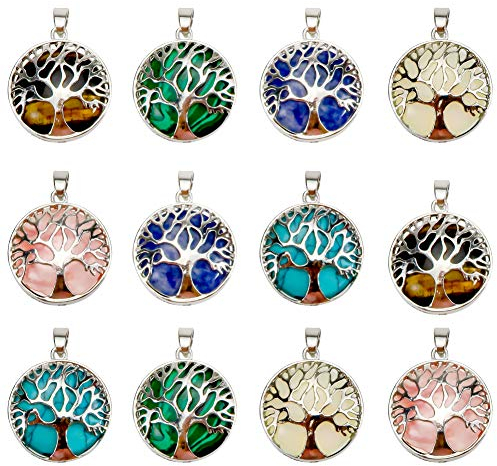 TOAOB 6 Pièces 27mm Rond Pendentif Arbre de Vie avec D'alliages et Pierres Precieuse Naturelles Cristal de Guérison pour les Découvertes de Bijoux