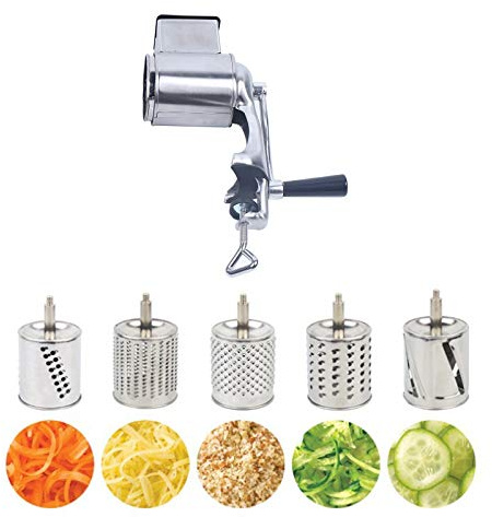 Rotary Grater Shredder with Handle 5-in-1 Vegetable and Fruit Cutter Stainless Steel Food Processor for Kitchen (Clamp Base)