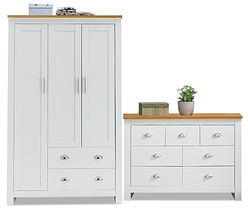 Bedroom Furniture Set With 3 Door Wardrobe & 4+3 Drawer Chest of Drawer With Stainless Steel Cup Handle Wardrobe and Chest of Drawers Set for 2 Piece Bedroom Storage Furniture Set (White & Oak)