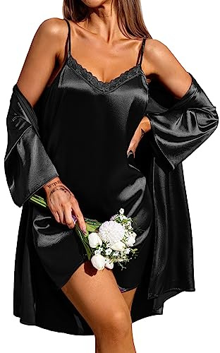 Ekouaer Femmes Robe de Chambre et Chemise de Nuit Ensemble Sexy 2 pièces Robes vêtements de Nuit Noir M