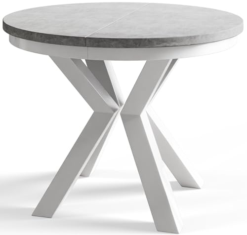 AlpiMeble Table de salle à manger ronde LOFT - Table extensible - Diamètre : 100 cm/180 cm - Table de salon - Couleur : gris - Avec pieds en métal de couleur blanche