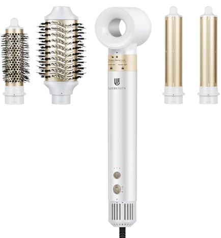 webeauty 5 in 1 Föhn Haarstyler, 110,000U/Min, 20M/S, 200 Millionen Negative Ionen Hochgeschwindigkeit Bürstenloser Haartrockner mit Warmluftbürste und Air Lockenstab, Weiß