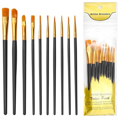 10 Piezas Pinceles para Pintura, of Pinceles De Nylon para Acuarela, óleo, Cara, Dibujo De Líneas, para Artistas, Adultos Y Niños (Black)