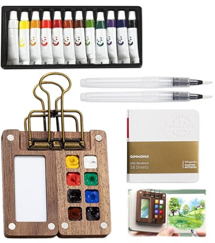 Portable Palette Pocket Artist Travel Set, 8-Grid Watercolour Palette with Metal Clip, Travel Watercolour Set (With 12-Color 5ml Watercolor Paint, Portable Drawing Book and 2 Fountain Pen)