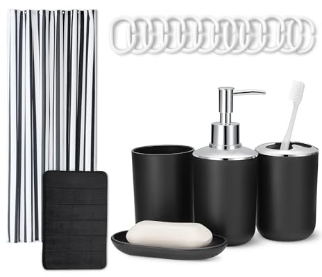 Amazon Basics Set de Baño: Cortina de Ducha con Ganchos, Alfombrilla de Baño Memory Foam, Dispensador de Jabón, Jabonera, Portacepillos & Vaso, Negro