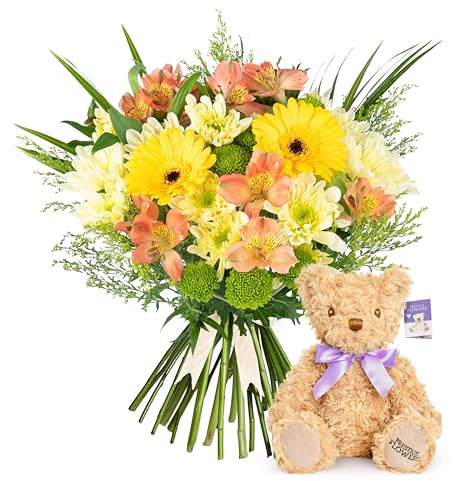 Seasons Joy - Fresh Flower Bouquet With Teddy Bear | Birthdays, Anniversaries, Thank You Gifts, Thinking of You, Delivered in Bud and Blooms in 48-72 Hours