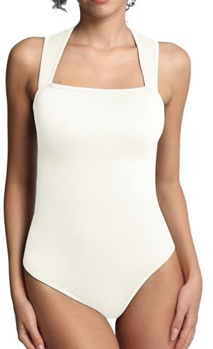 Nabawa Body da donna con controllo della pancia senza maniche a costine con scollo quadrato canotta body abiti sexy con spalline per uscire, Beige, M