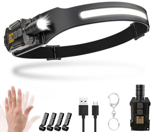 Stirnlampe LED Wiederaufladbar,2000 Lumens 230° Weitwinkel Zoombare Kopflampe mit Sensor,9 Lichtmodi mit UV Lampe,Abnehmbare magnetische Leichtgewichtig Stirnlampen,für Camping,Joggen,Wandern,Angeln