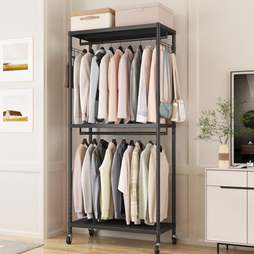 Enjinkail Clothes Rail, 200cm Tall Metal Open Wardrobe with 3 Shelves