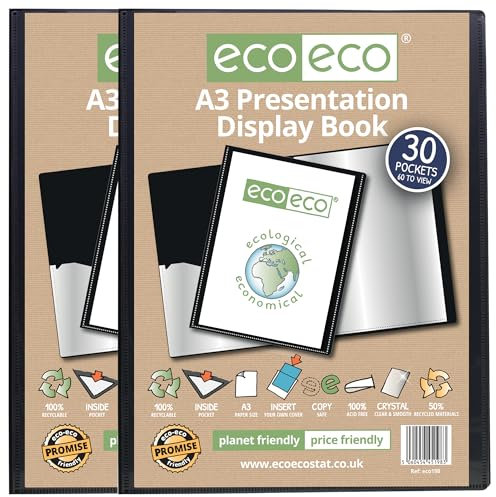 eco-eco Präsentationsbuch, A3-Format, 50% recycelt, 30 Taschen, schwarz, Präsentationsmappe mit Kunststoffhüllen, 2 Stück, eco198 x 2