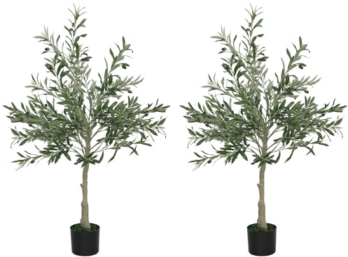 HOMCOM Set of 2 4ft/ 120cm Decorative Artificial Plant, Silk Olive Tree with 450 Leaves and 20 Olive Fruits in Pot, Fake Plant for Home, Office, Living Room, Indoor Decor