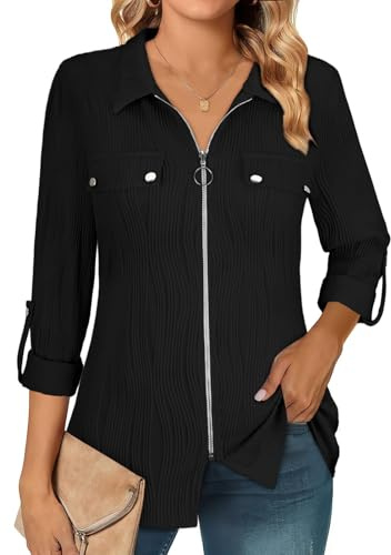 Flikity Tops for Women UK Business Casual Ladies Tops and Blouses for Work Zipper Collar Long Sleeve Shirts Loose Fit Dressy Womens 3/4 Length Roll Sleeve Shirt Fall Fashion 2025 Black XL