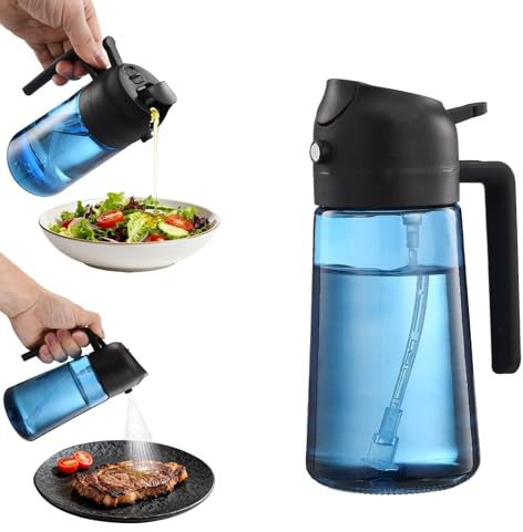 Holtrae Spruzzino Olio 470ml, Dispenser Olio 2-in-1 in Vetro Antiperdite, Oliera Spray e Spruzzino Nebulizzatore per Cucina, Friggitrice Aria e Grigliate(Blu)