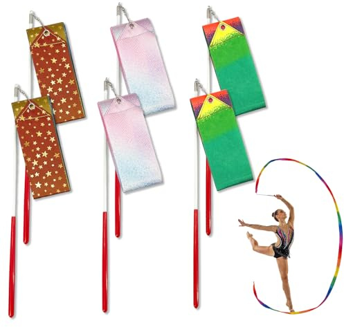 Obantrsz Rainbow Dancing Ribbon, 6 Pack 3 Styles Rainbow Dance Streamers - 78.7 Inch Rhythmic Gymnastics Ribbon, Twirling Baton for Artistic Dancing