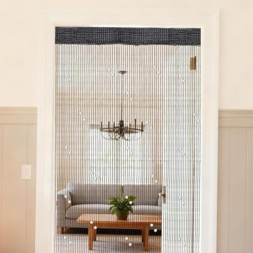 CREATCABIN Cortina de Cuentas para Puerta Color Negro Poliéster con Flecos Y Cristales Estilo Bohemio con Perlas de Plástico Blancas Ideal para Colgar En Armarios Ventanas Fiestas Decoración 2 x 1m