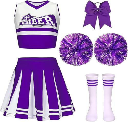Gekyve Déguisement Cheerleader Fille Enfant, Pompom Girl Costume Carnaval avec Pompons, Chaussettes et Noeud, Tenue Uniforme Cheerleading pour Carnaval, Halloween, Fête Mascarade, Anniversaire, Cadeau