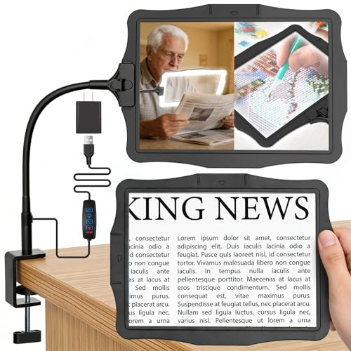 Magnifying Glass w/Light for Seniors Elderly Reading Full Page Diamond Painting, Large Rectangular Lighted Magnifier w/Dimmable LED Desktop Lamp, Hands Free Magnifier for Crafts Arts Sewing Close Work
